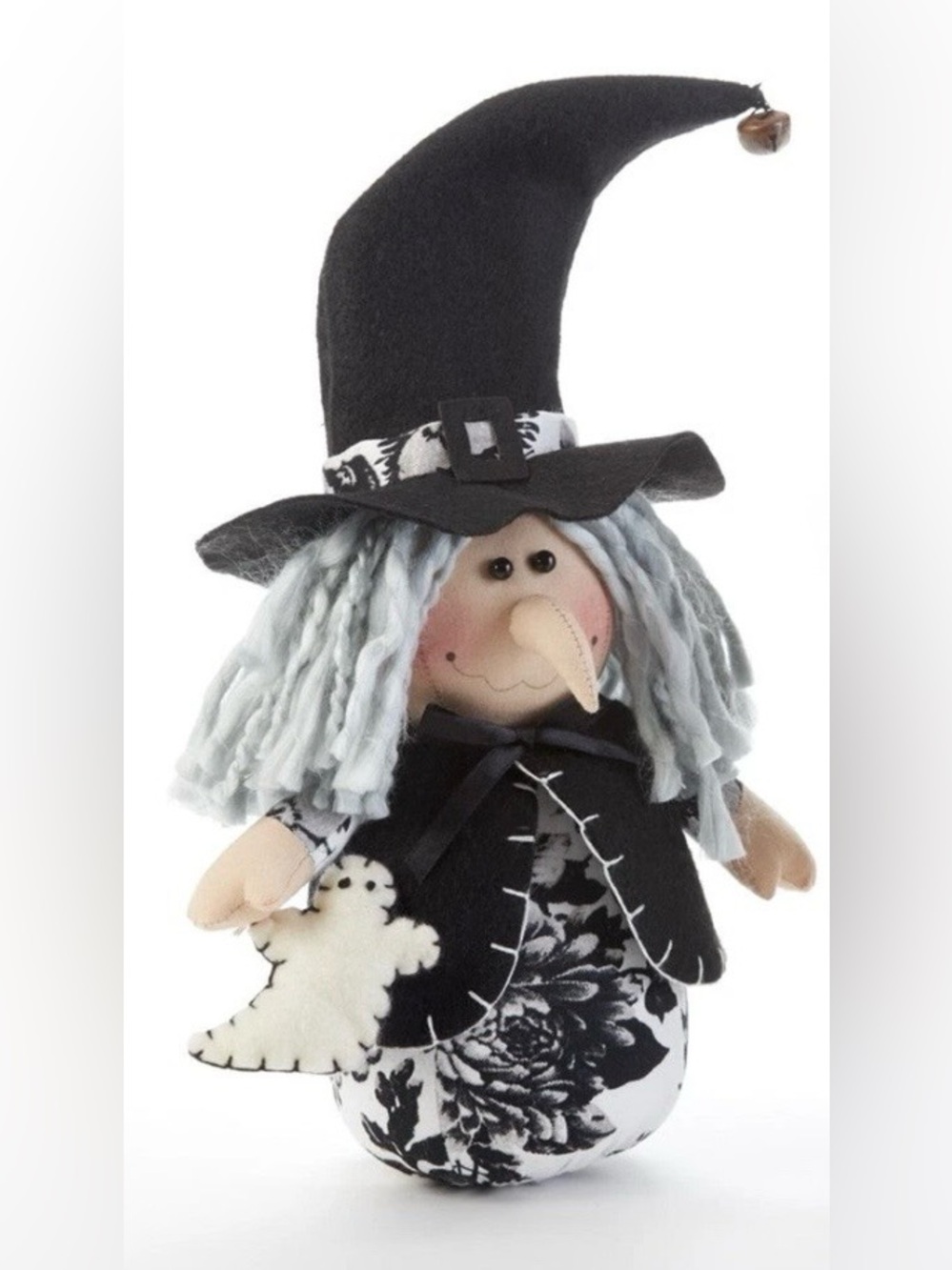 Witch Stump Doll w Ghost in Black N White Halloween Decoration New